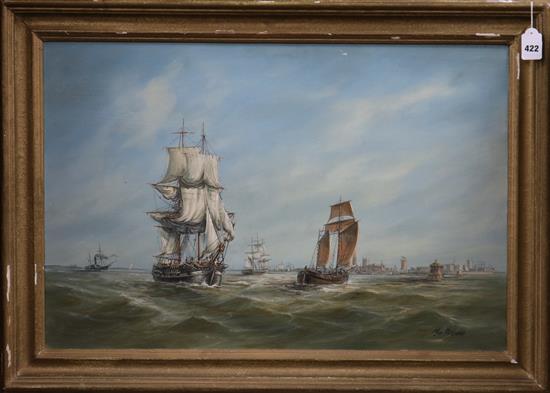 Max Parsons oil on board, Shipping off coast, signed 50 x 75cm.